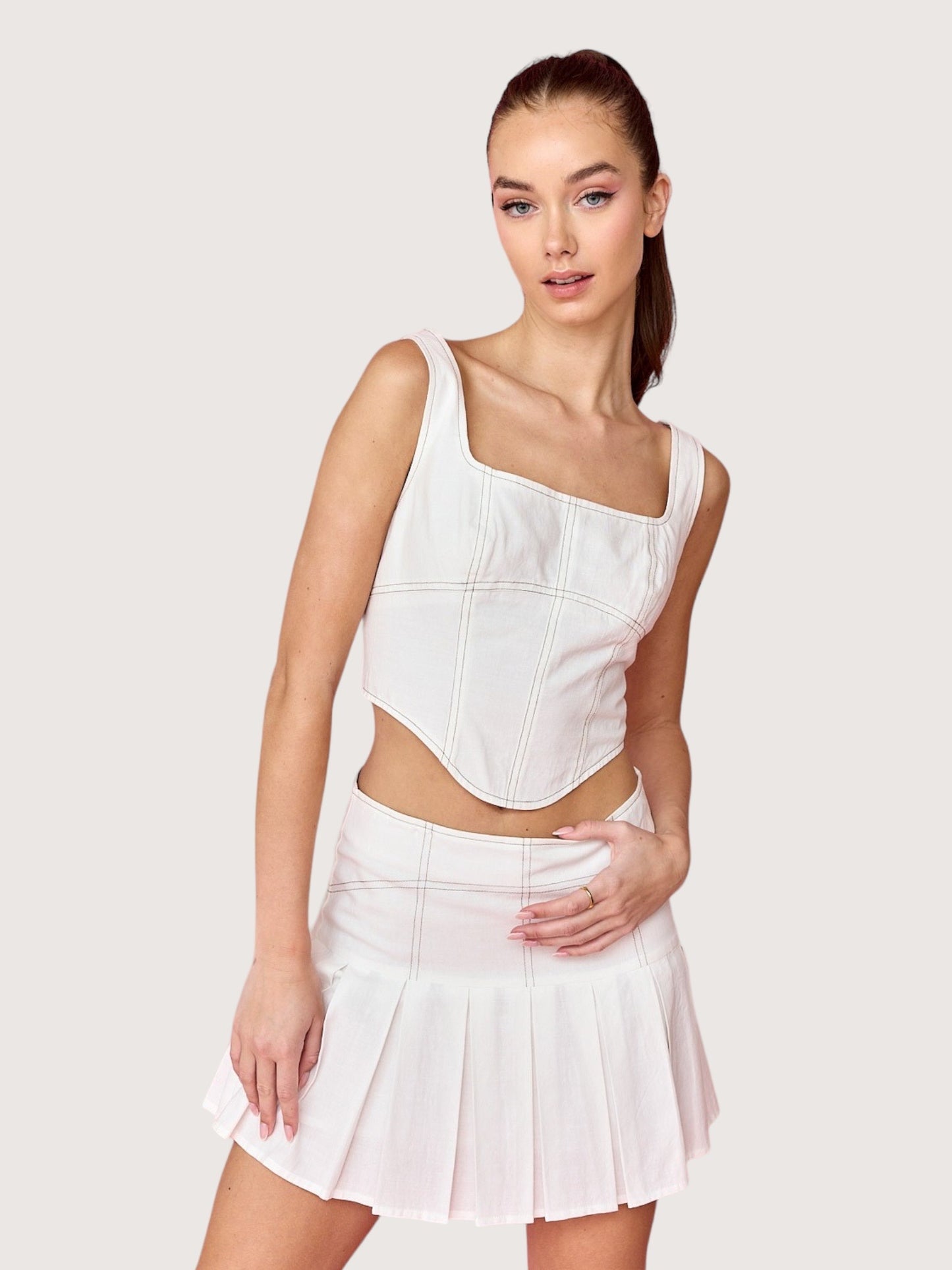 Contrast Stitch Pleated Skirt | White