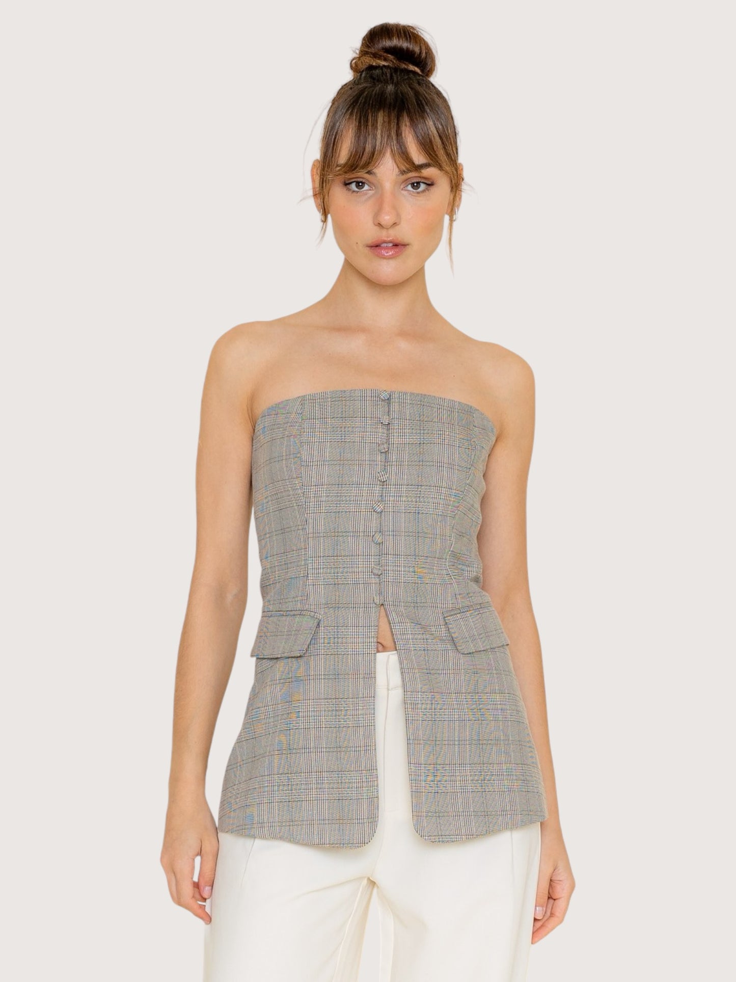 Plaid Strapless Blazer Top