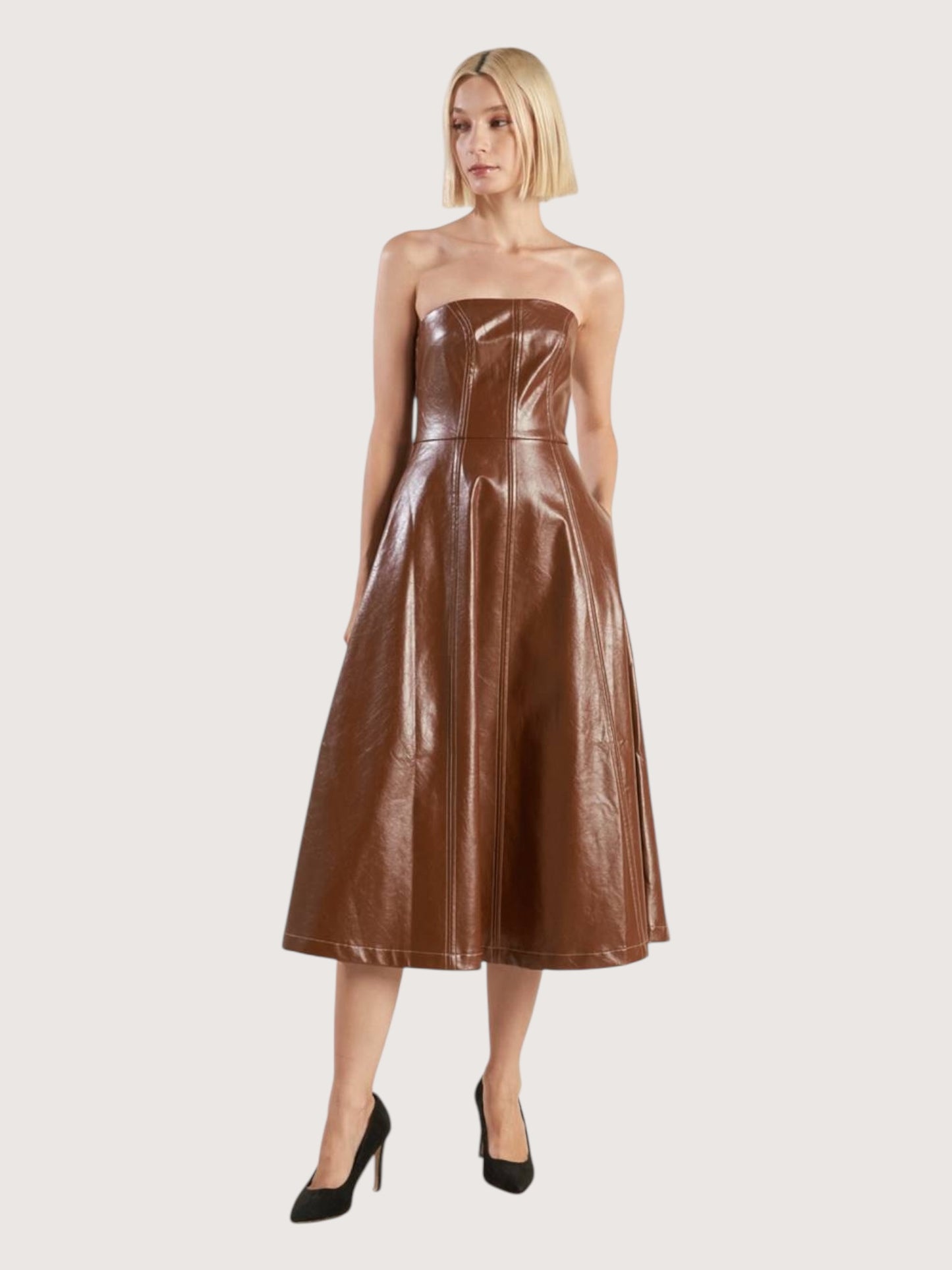 Strapless Leather Midi Dress