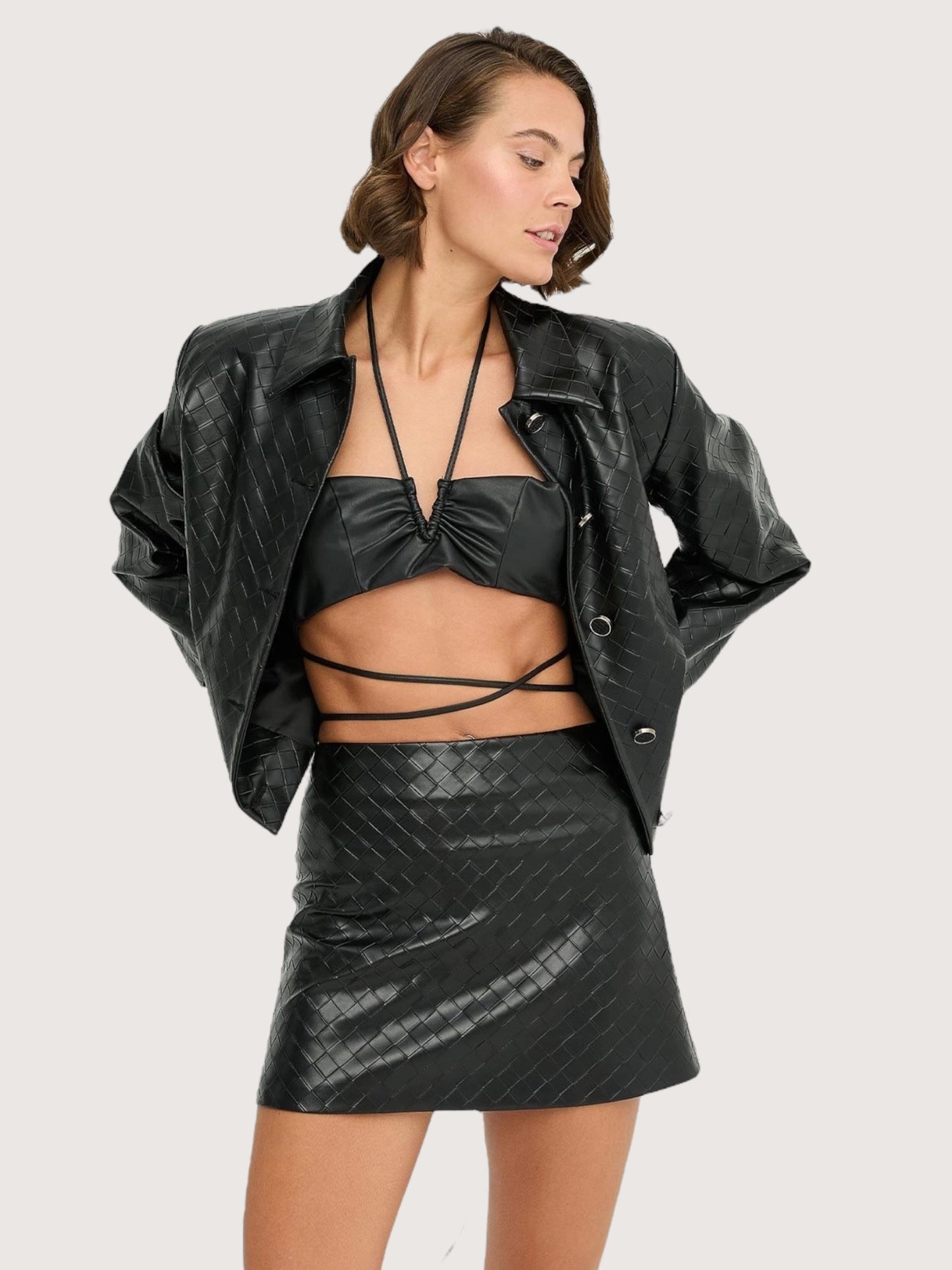 Weaved Leather Mini Skirt