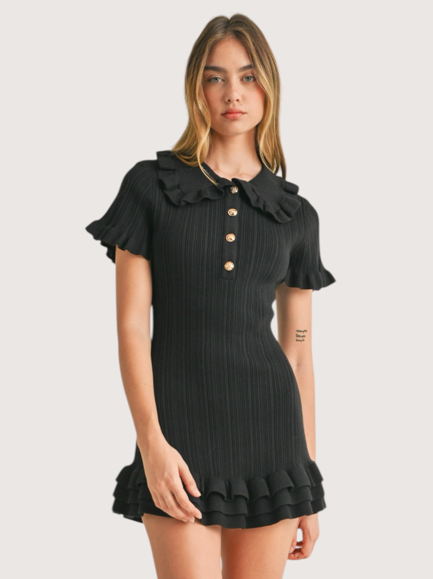 Collared Mini Ruffle Dress | Black