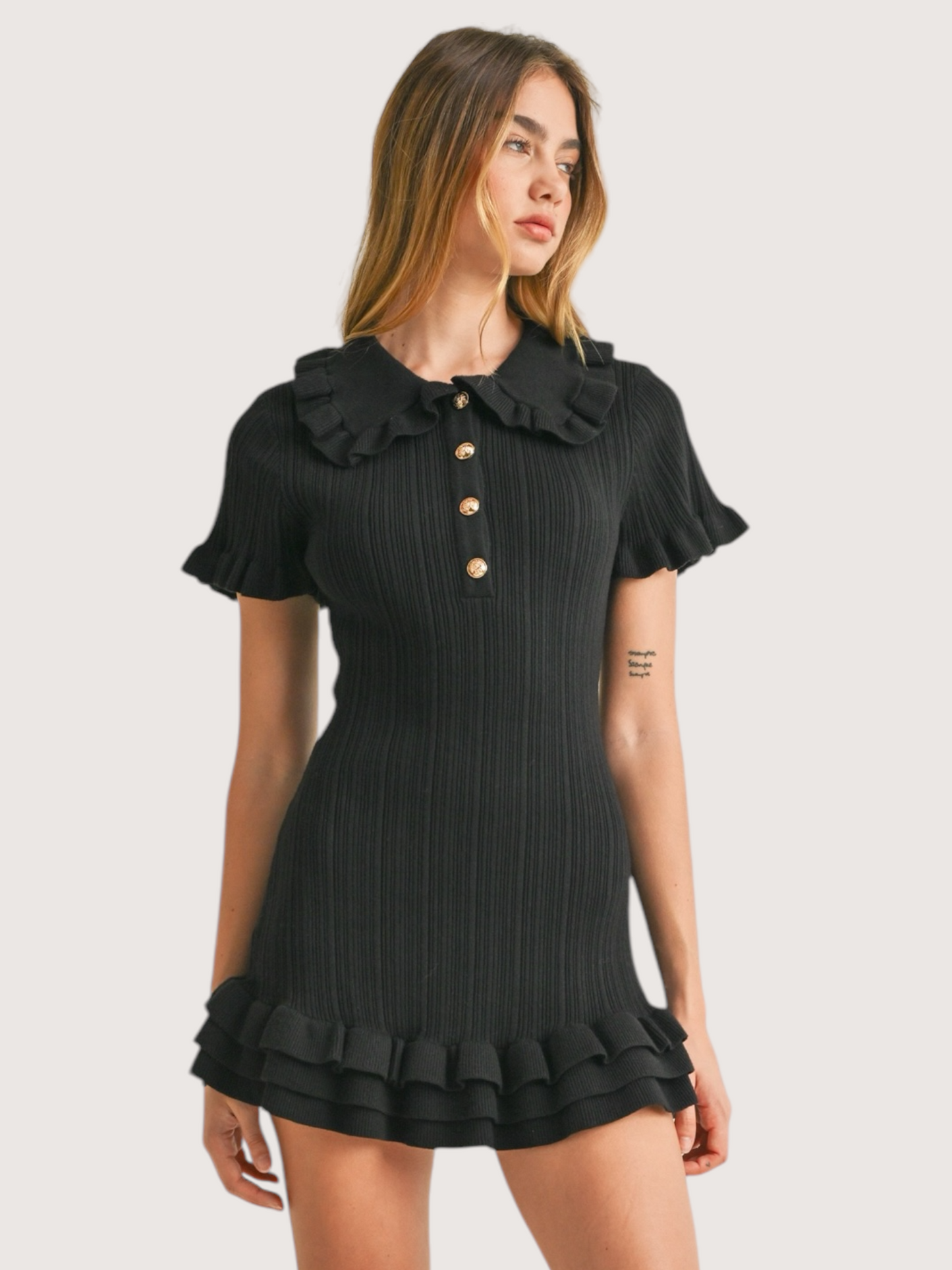 Collared Mini Ruffle Dress | Black