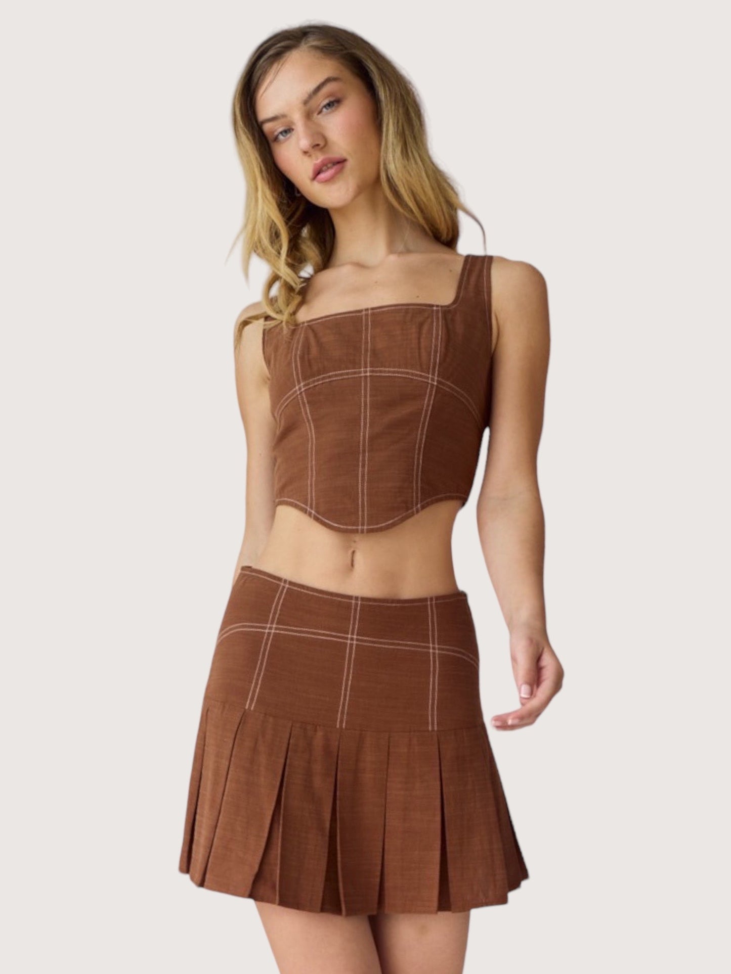 Contrast Stitch Pleated Skirt | Rust