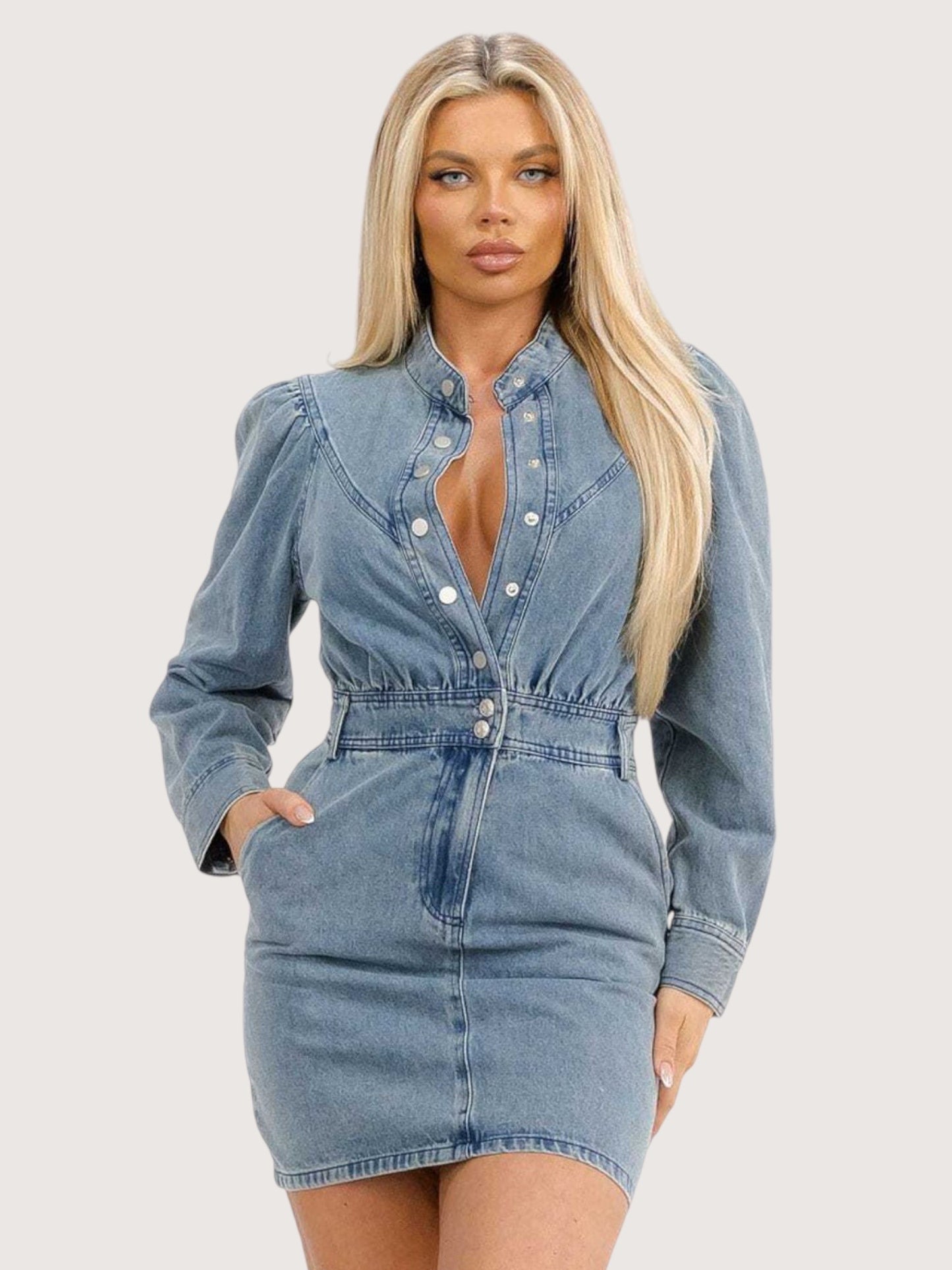 Puff Shoulder Denim Dress